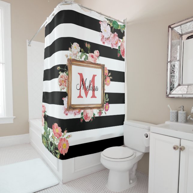 Antique Vintage Floral & Stripes Monogram Shower Curtain (In Situ)