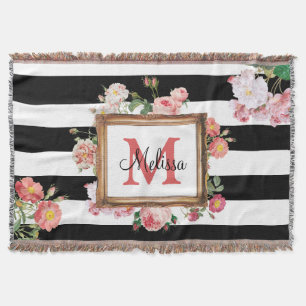 Antique Vintage Floral & Stripes Monogram Throw Blanket