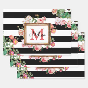 Antique Vintage Floral & Stripes Monogram Wrapping Paper Sheet