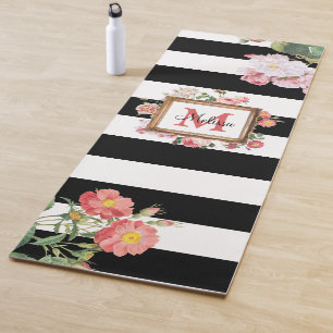 Antique Vintage Floral & Stripes Monogram Yoga Mat