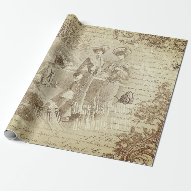 Antique Vintage French Fashion Ephemera Script Wrapping Paper (Unrolled)