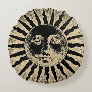 Antique Vintage Gold Black Sun Face Round Cushion
