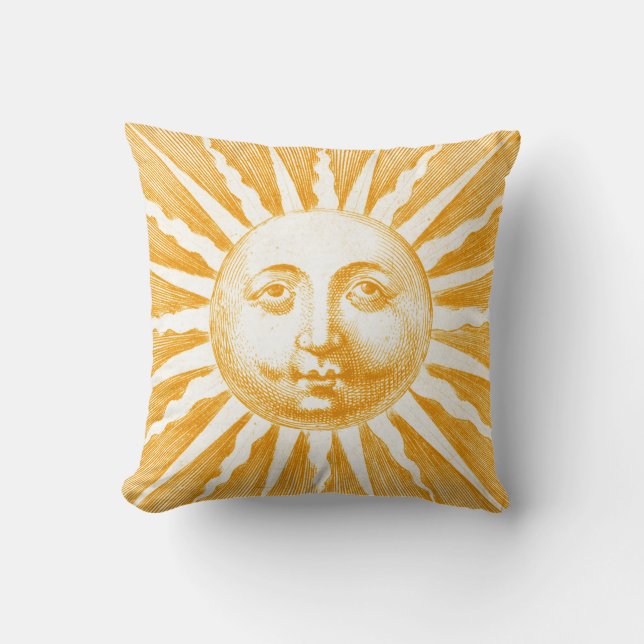 Antique Vintage Gold Yellow  Sun Face Cushion (Front)