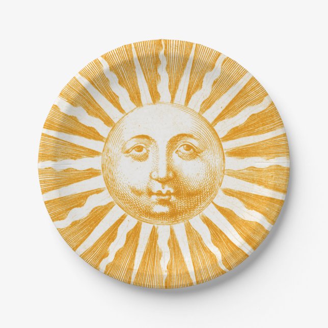 Antique Vintage Gold Yellow  Sun Face Paper Plate (Front)