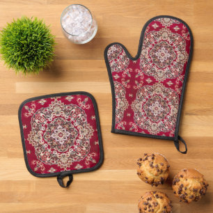 Antique Vintage Oriental Red Persian Rug Oven Mitt & Pot Holder Set