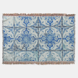 Antique Vintage Portuguese Tiles Pattern - Azulejo Throw Blanket