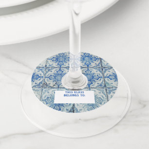 Antique Vintage Portuguese Tiles Pattern Azulejo Wine Glass Tag