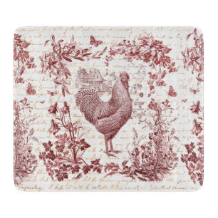 Antique Vintage Rooster Red Toile Floral Script Cutting Board