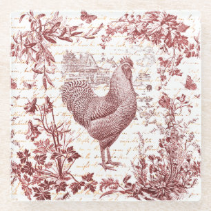 Antique Vintage Rooster Red Toile Floral Script Glass Coaster