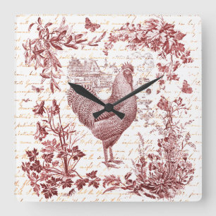 Antique Vintage Rooster Red Toile Floral Script Square Wall Clock