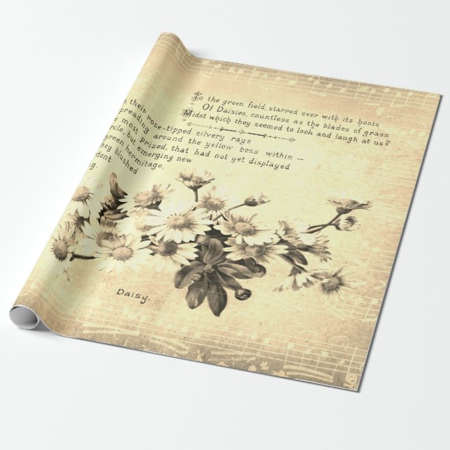 Antique Vintage Sepia Daisy Poetry of Flowers Wrapping Paper (Unrolled)