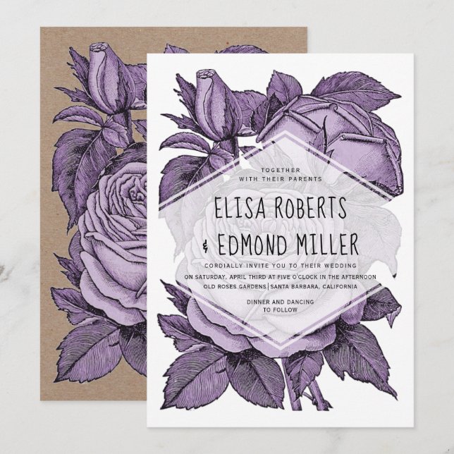 Antique violet roses vintage wedding floral invitation (Front/Back)
