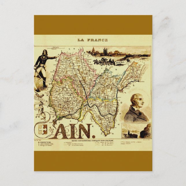 Antique Vuillemin 19th Century Map of France Ain Postcard (Front)