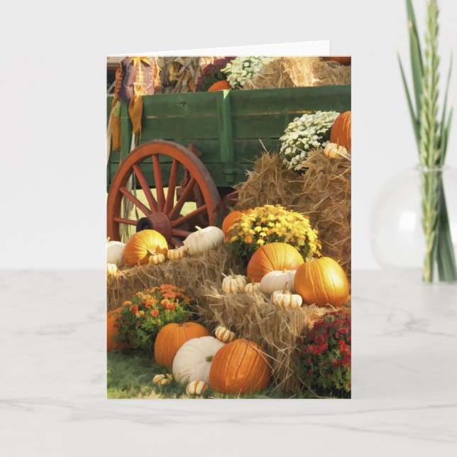 Antique Wagon & Pumpkin Autumn Display Holiday Card (Front)