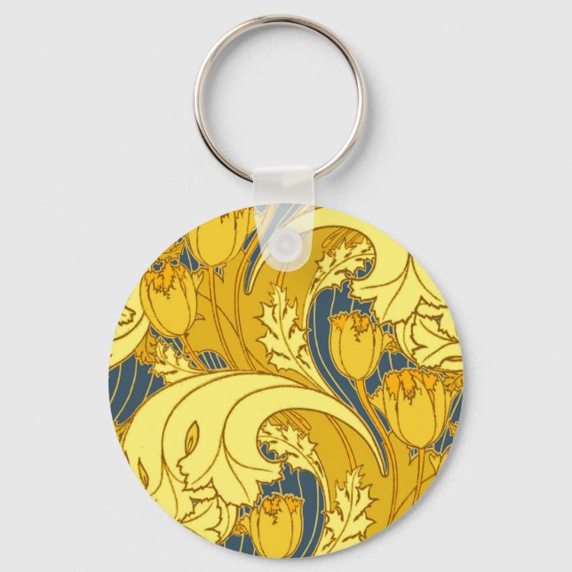 Antique Wallpaper Tulip Blue Gold Artwork Pattern Key Ring (Front)