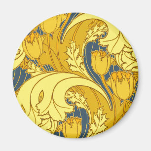 Antique Wallpaper Tulip Blue Gold Artwork Pattern Magnet