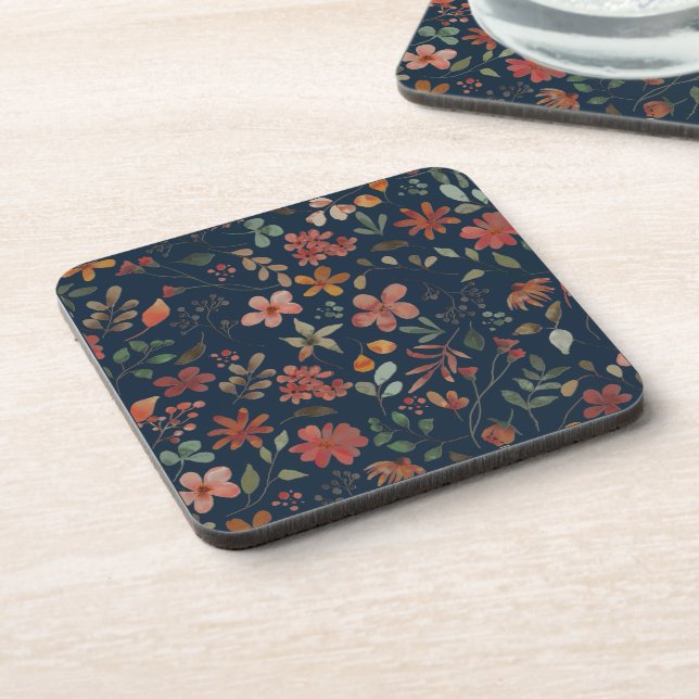 Antique Watercolor Print Floral on Navy Coaster (Left Side)