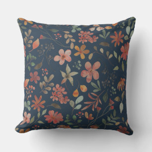 Antique Watercolor Print Floral on Navy Cushion