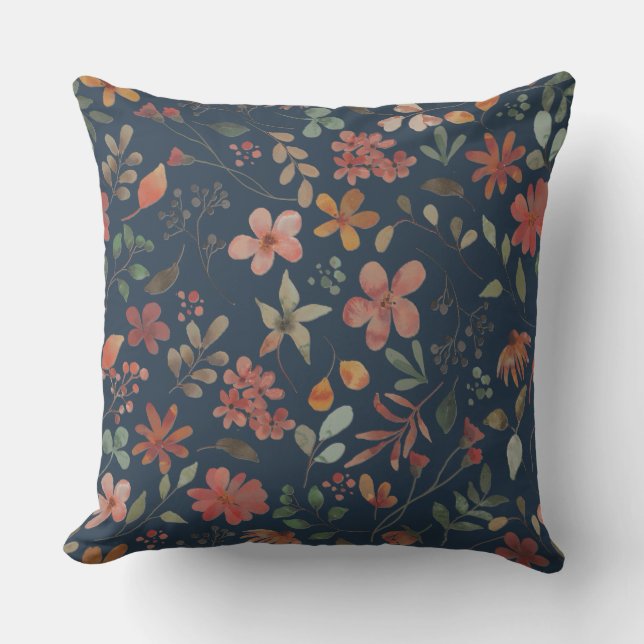 Antique Watercolor Print Floral on Navy Cushion (Front)