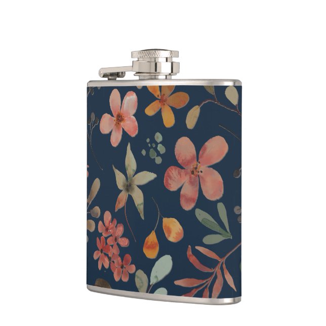 Antique Watercolor Print Floral on Navy Hip Flask (Left)