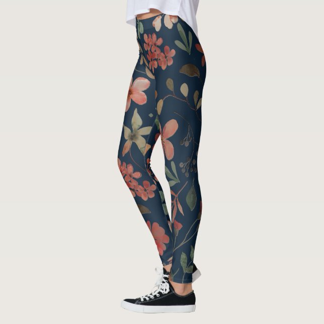 Antique Watercolor Print Floral on Navy Leggings (Left)