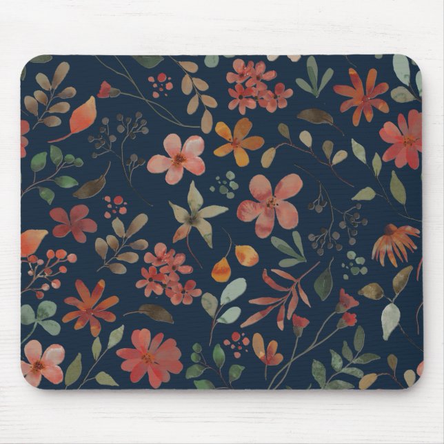 Antique Watercolor Print Floral on Navy Mouse Mat (Front)