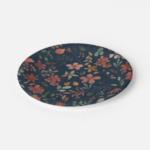 Antique Watercolor Print Floral on Navy Paper Plate