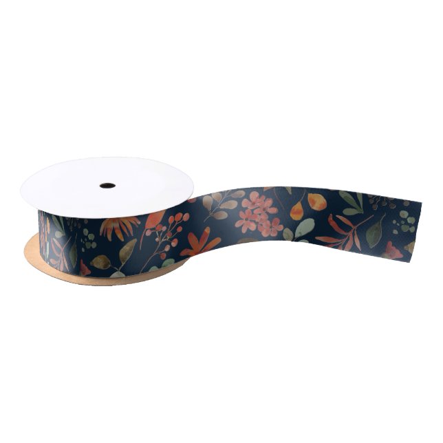 Antique Watercolor Print Floral on Navy Satin Ribbon (Spool)