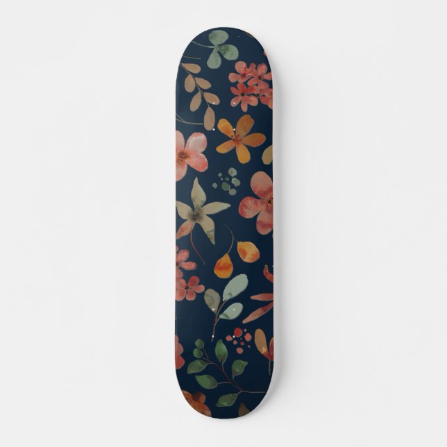 Antique Watercolor Print Floral on Navy Skateboard (Front)