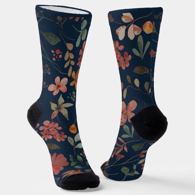 Antique Watercolor Print Floral on Navy Socks (Angled)