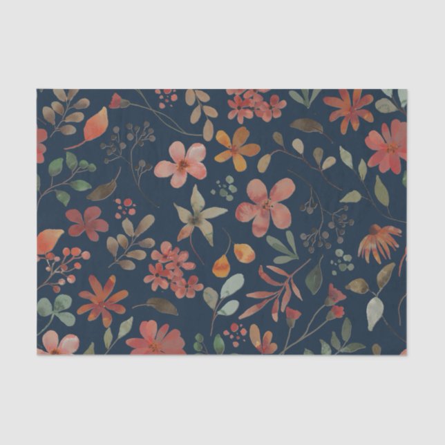 Antique Watercolor Print Floral on Navy Tissue Paper (Front)