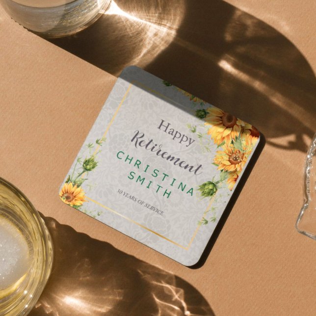Antique Watercolor Sunflower Retirement Party Idea Square Paper Coaster (Antique Watercolor Sunflower Retirement Party Idea)