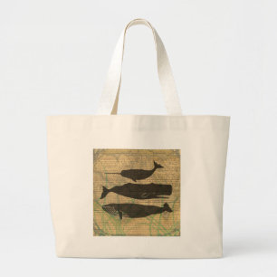 Antique Whale Nautical: Vintage Sea Life Large Tote Bag