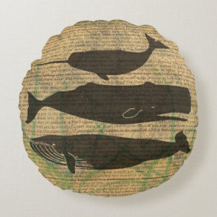  Antique Whale Nautical: Vintage Sea Life  Round Cushion