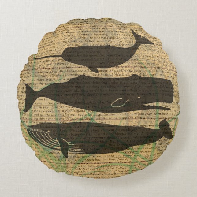  Antique Whale Nautical: Vintage Sea Life  Round Cushion (Front)