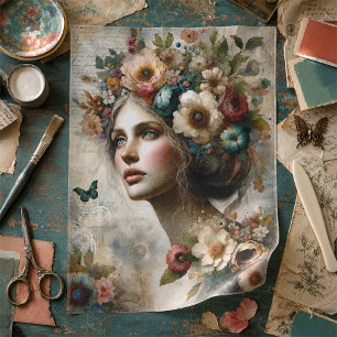 Antique Whimsical Floral Lady Ephemera Bouquet Tissue Paper