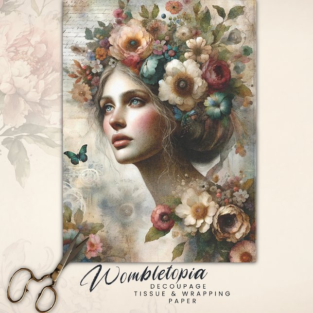 Antique Whimsical Floral Lady Ephemera Bouquet  Tissue Paper (Creator Uploaded)