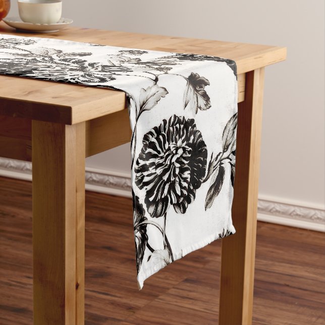 Antique White & Black Botanical Floral Toile No.2 Short Table Runner (In Situ)