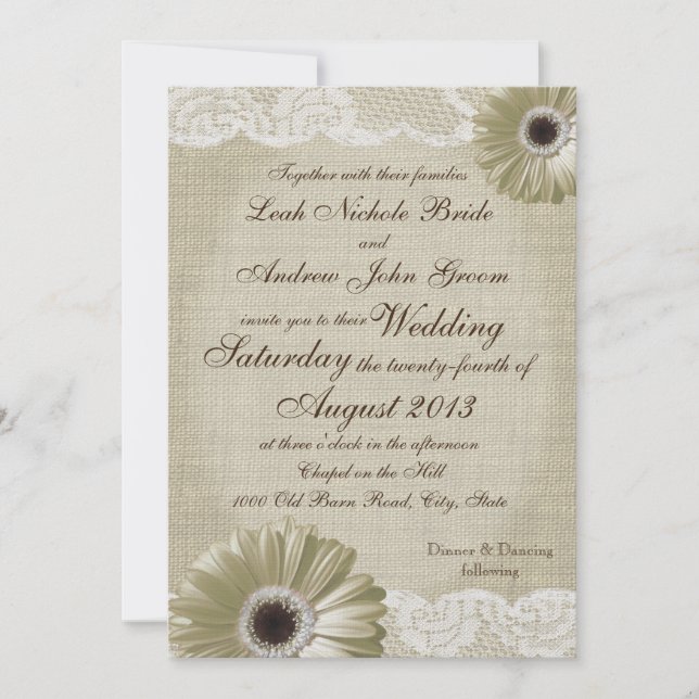 Antique White Daisy and Lace Wedding Invitation (Front)