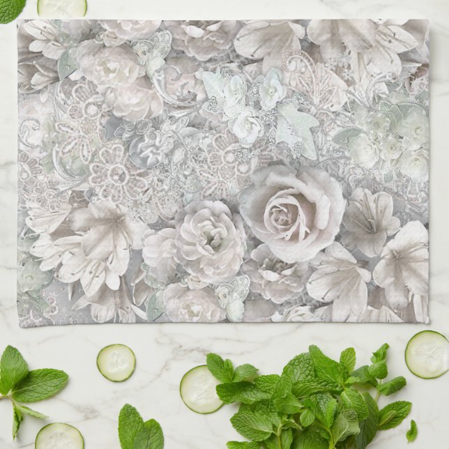 Antique White Flowers Tea Towel (Folded)