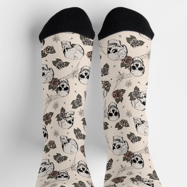 Antique White Gothic Skulls and Roses Floral Socks (Top)