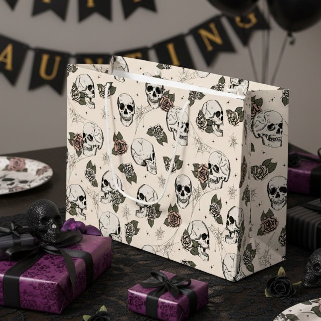 Antique White Gothic Skulls and Roses Halloween Large Gift Bag (Cream Gothic Floral Skull Gift Bags. Vintage Hand Drawn Skulls Roses in Black. Halloween or Birthday)