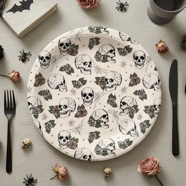 Antique white Gothic Skulls and Roses Halloween Paper Plate (Elegant Floral Skulls Halloween Bridal Shower Paper Plates in Cream. Chic Skull, Roses, Webs Pattern)