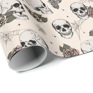 Antique White Gothic Skulls and Roses Halloween Wrapping Paper