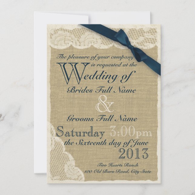 Antique White Lace Country Wedding Navy Invitation (Front)