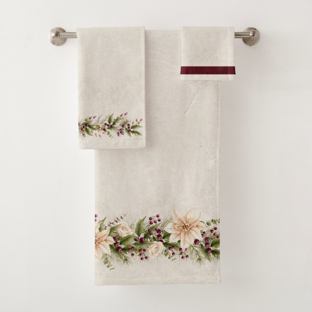 Antique White Poinsettia with Christmas Greenery  Bath Towel Set (Insitu)