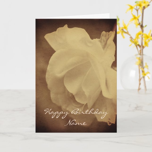 Antique White Rose Personalised Birthday Card (Yellow Flower)