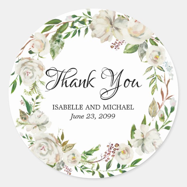Antique White Rose Thank You Wedding Favour Classic Round Sticker (Front)