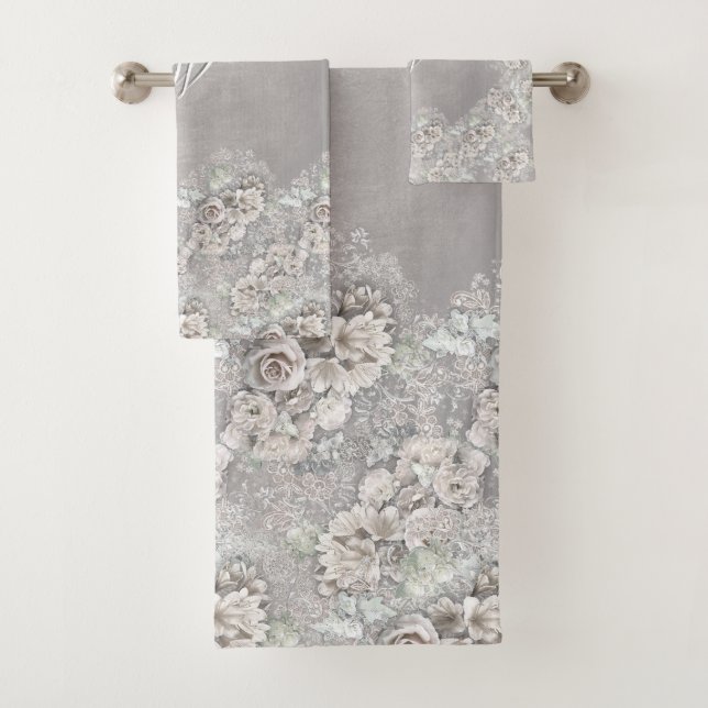 Antique White Roses with (or without) your Initial Bath Towel Set (Insitu)