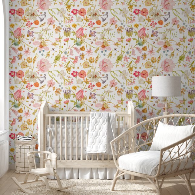 Antique Wildflower & Bugs Botanical Peel Stick Wallpaper (Kids)